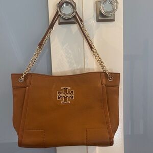 Tory Burch Cognac Pebbled Leather Chain Shoulder Tote